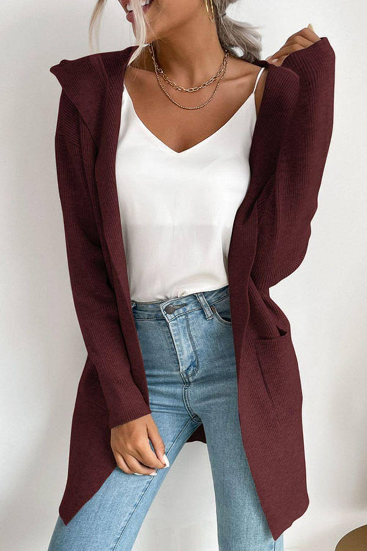 Women's Hooded Ribbed Cardigan: Cozy & Stylish Open-Front Knit