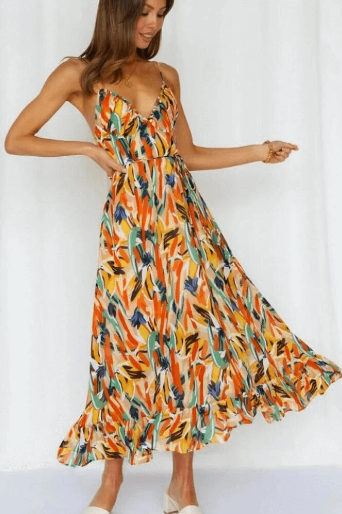 Women's Flowy Midi Sundress: A-Line, Sweetheart Neck, Ruffled Hem