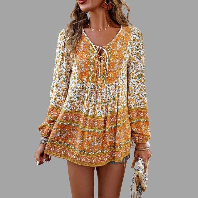 Women's Bohemian Long Sleeve V-Neck Blouse