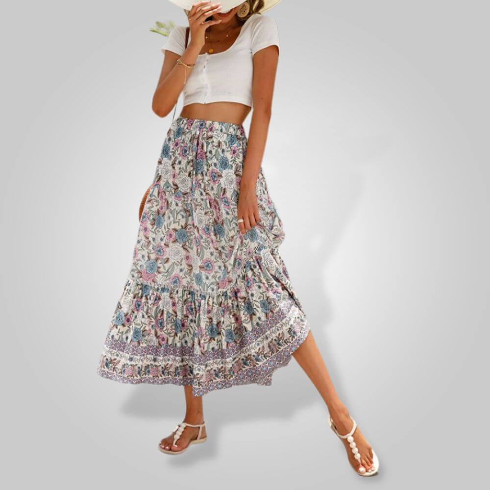 Women's Bohemian Floral Maxi Skirt: Flowy, Elastic Waist