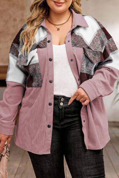 Plus Size Plaid Jacket: Women's Autumn/Winter Button-Front Pocket Jacket