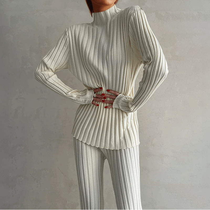 Women's Ribbed Knit Turtleneck Top & Trousers Set