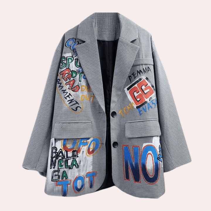 Men's Oversized Checkered Blazer with Graffiti Print