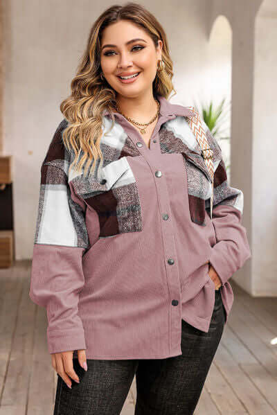Plus Size Plaid Jacket: Women's Autumn/Winter Button-Front Pocket Jacket