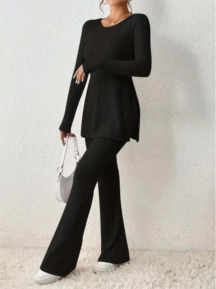 Women's Ribbed Knit Set: Long Sleeve Top & Flared Trousers