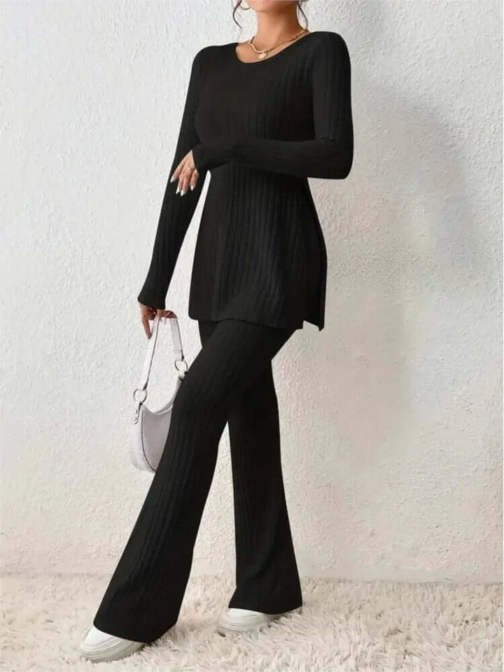Women's Ribbed Knit Set: Long Sleeve Top & Flared Trousers