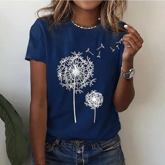 Elegant Dandelion Print Cotton T-Shirt