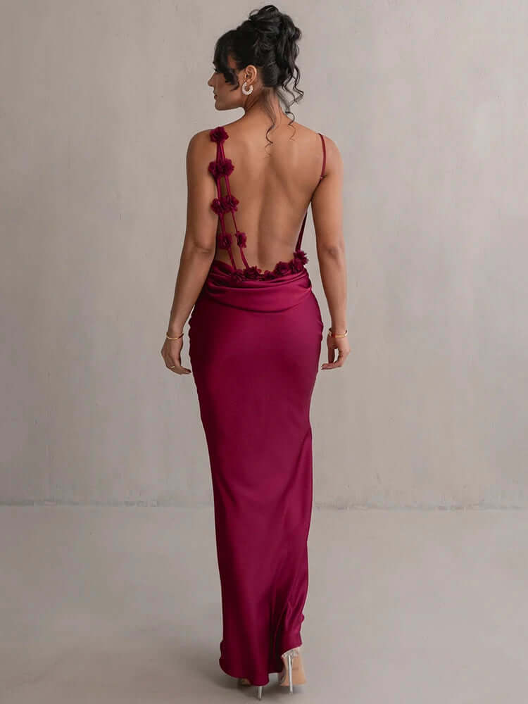 Elegant Satin Evening Gown: Backless Prom Dress with Floral Appliqué