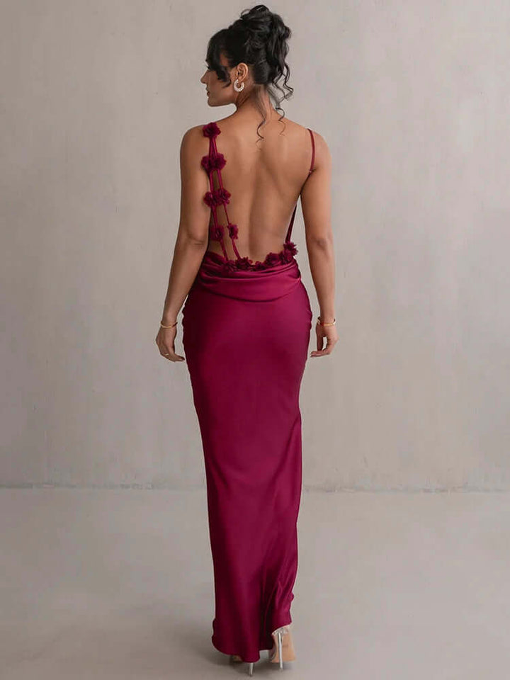 Elegant Satin Evening Gown: Backless Prom Dress with Floral Appliqué