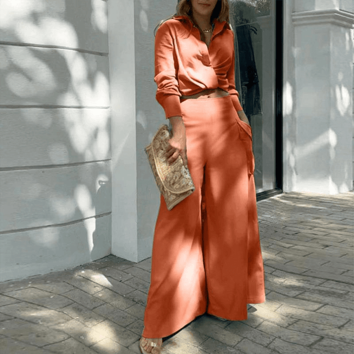 Women's Two-Piece Set: Long Sleeve Crop Top & Wide Leg Pants