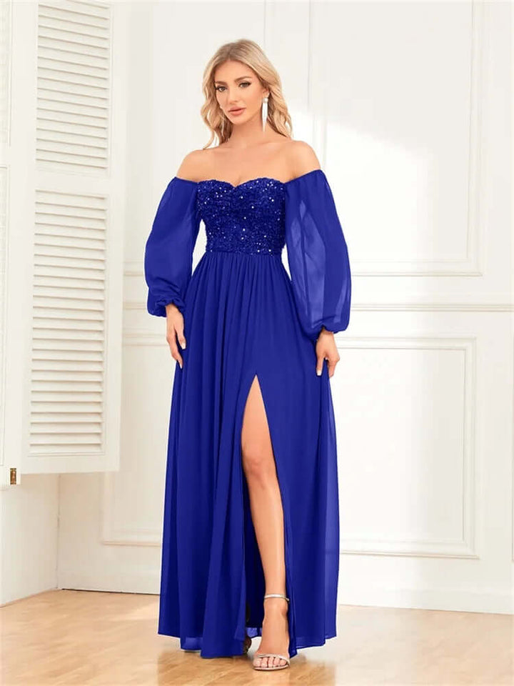 Elegant Evening Gown: Off-Shoulder Sequin Prom Dress