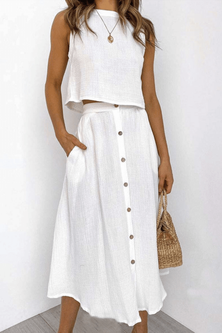 Women's Relaxed Fit Round Neck Top & Midi Skirt Set