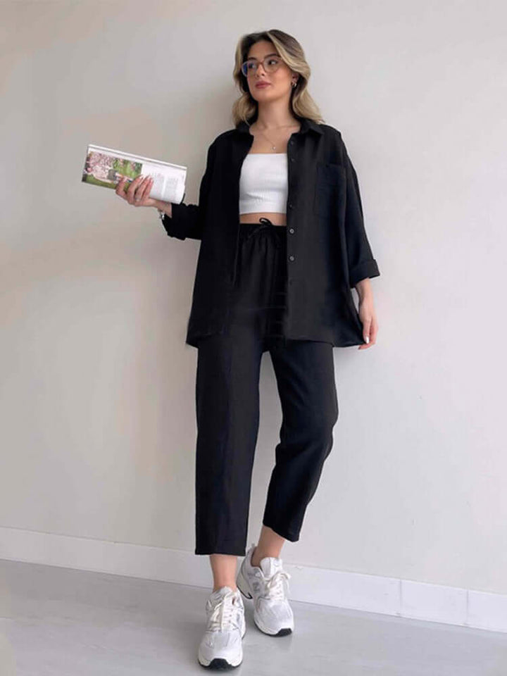 Women's Relaxed Fit Co-ord Set: Oversized Shirt & Wide Leg Trousers