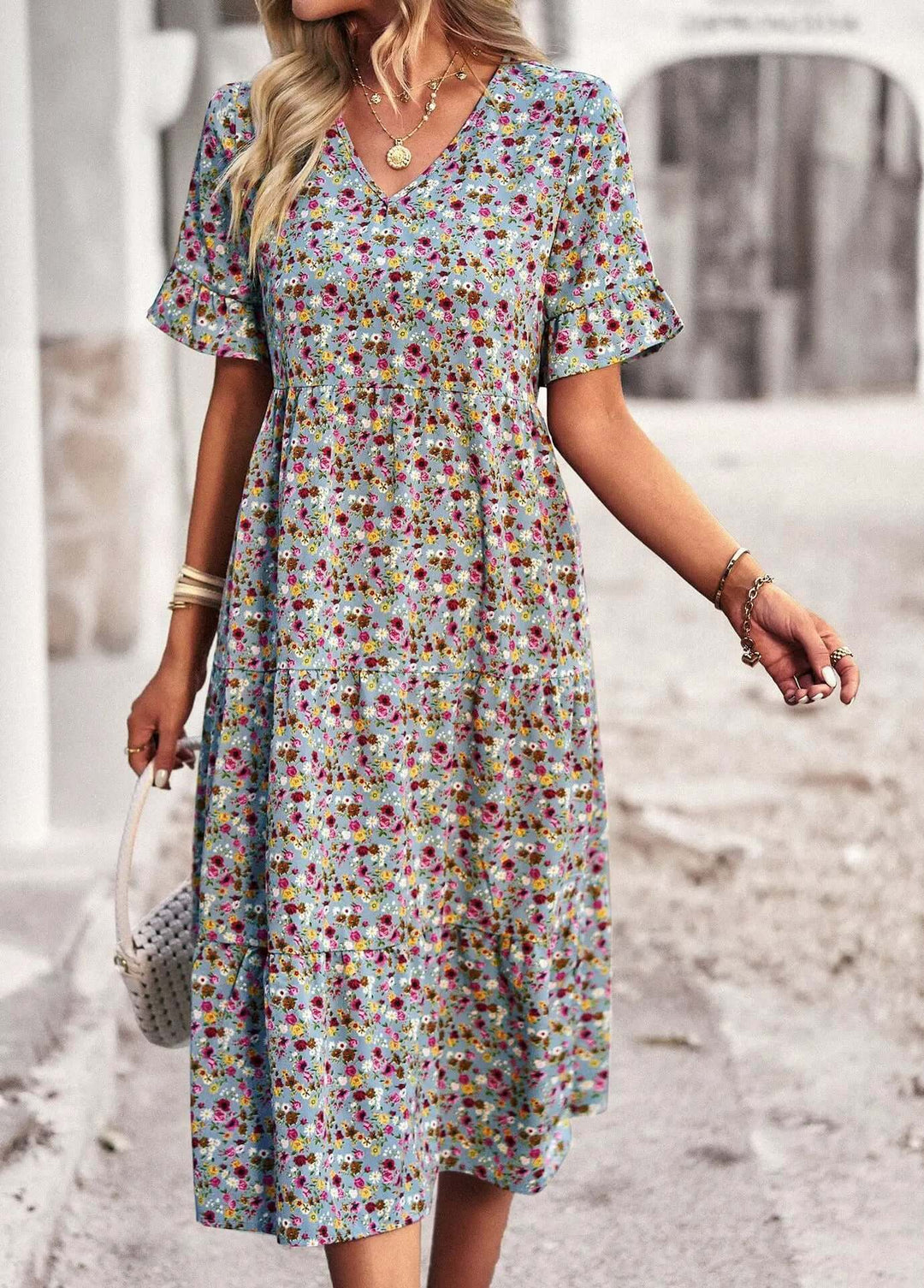Floral Print Short Sleeve V-Neck Summer Dress