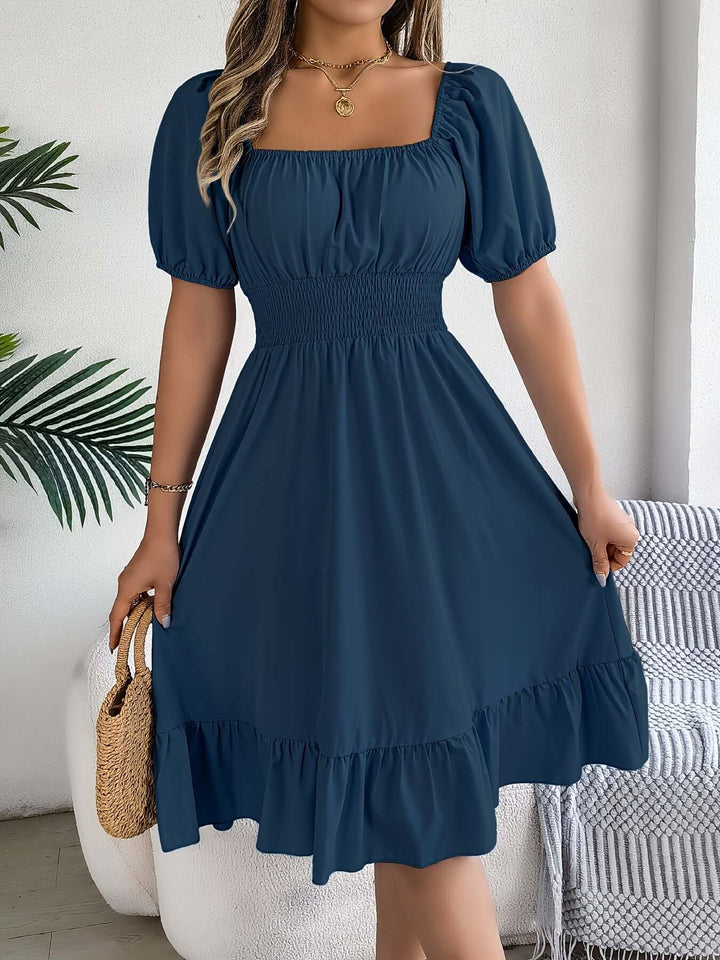 Women's Puff Sleeve Midi Dress with Smocked Bodice