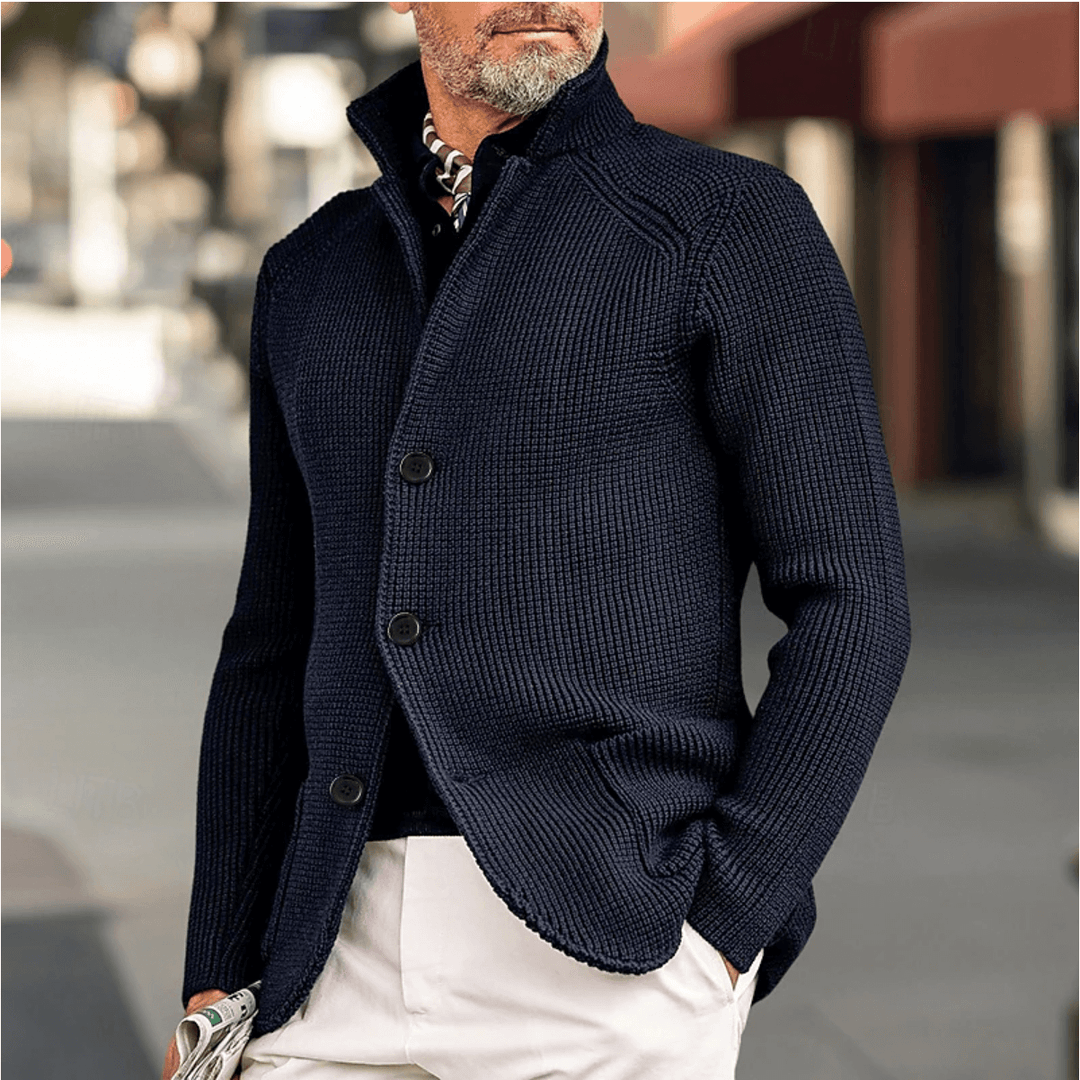 Men's Ribbed Knit Cardigan: Tailored Fit, High Collar