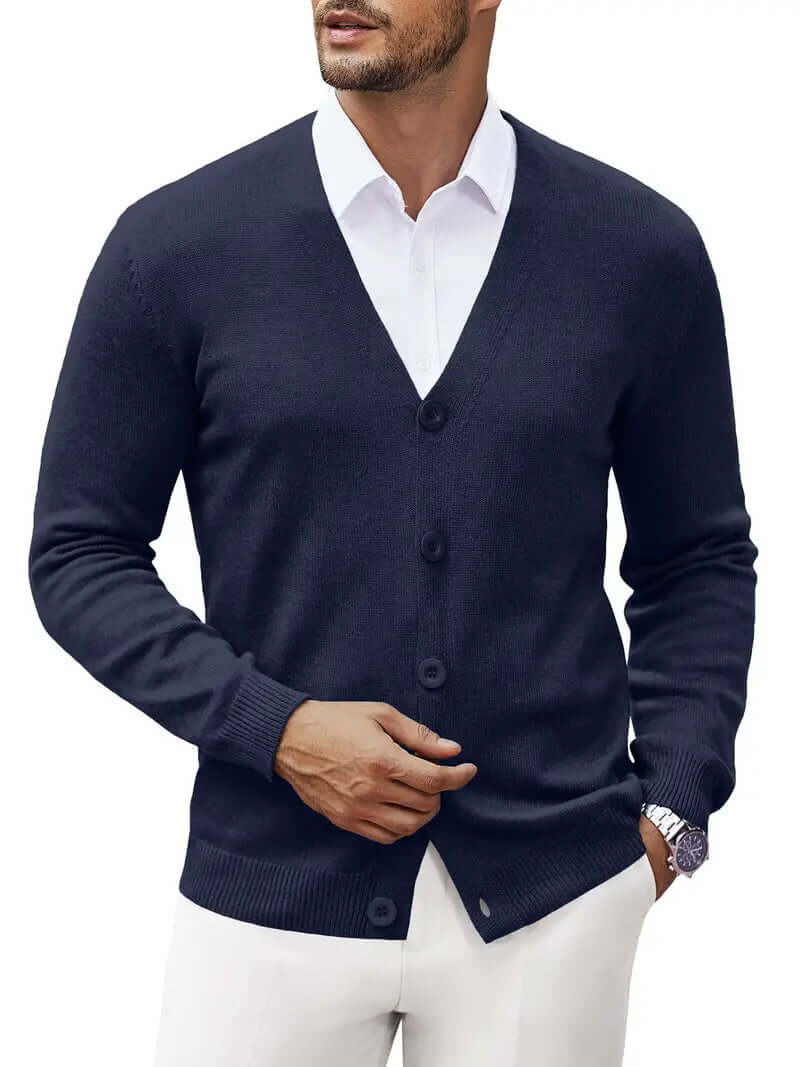 Men's Soft Knit V-Neck Cardigan: Modern Fit, Ribbed Cuffs