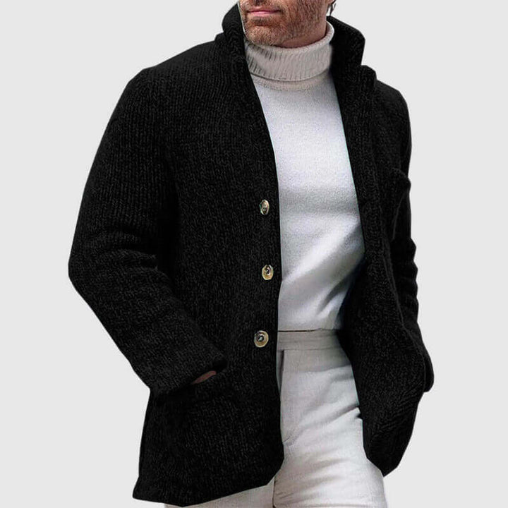 Men's Chunky Knit Cardigan: Stand Collar, Button Front