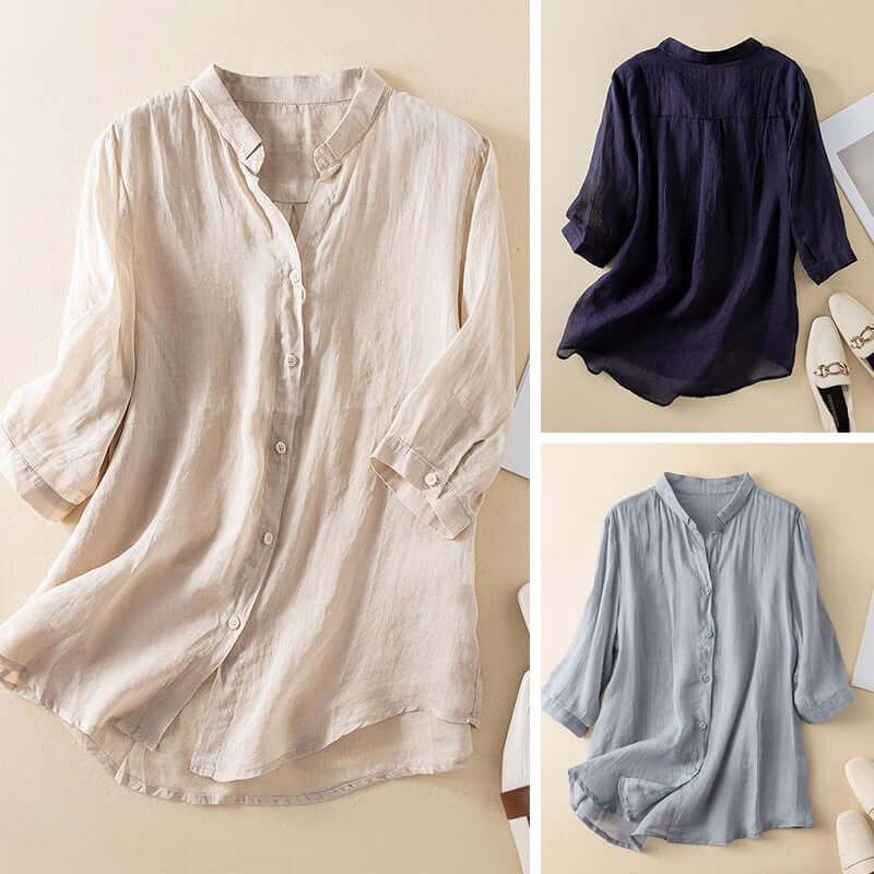 Women's Cotton 3/4 Sleeve Blouse - Casual Button-Down Top