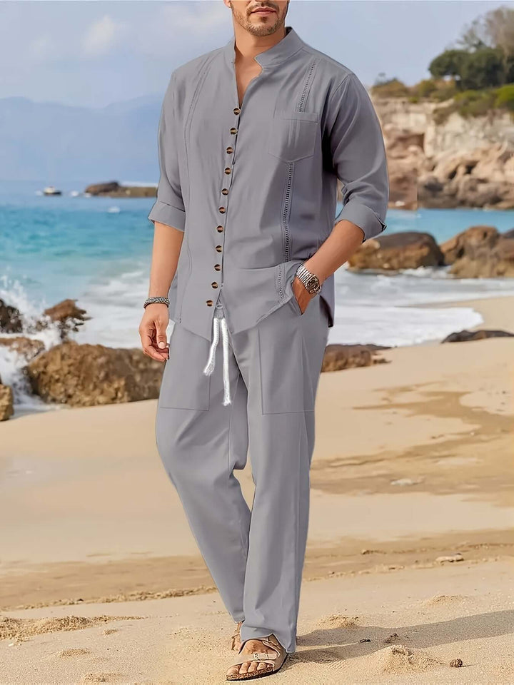 Men's Relaxed-Fit Beachwear Set: Linen Shirt & Drawstring Trousers