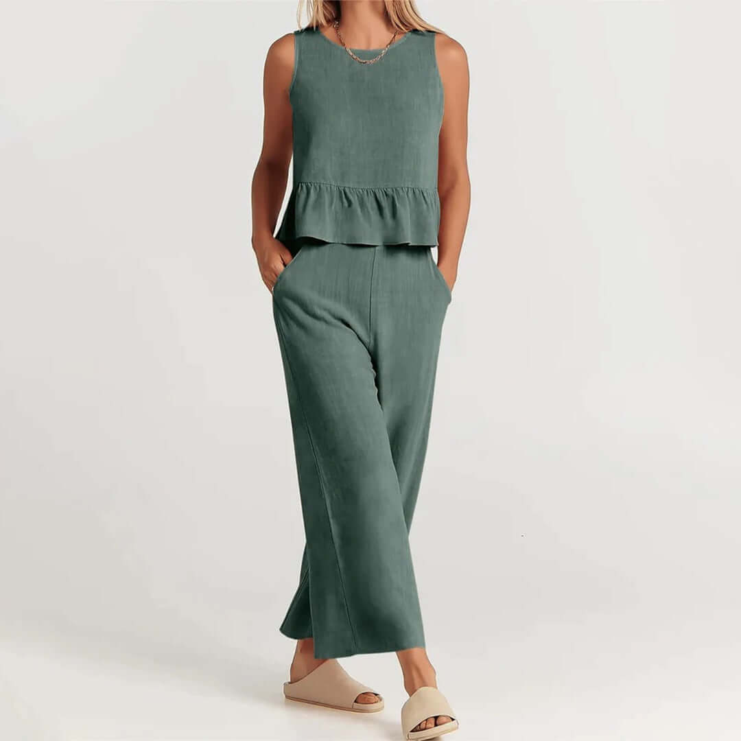 Women's Summer Sleeveless Jumpsuit: Peplum Waist, Wide Leg