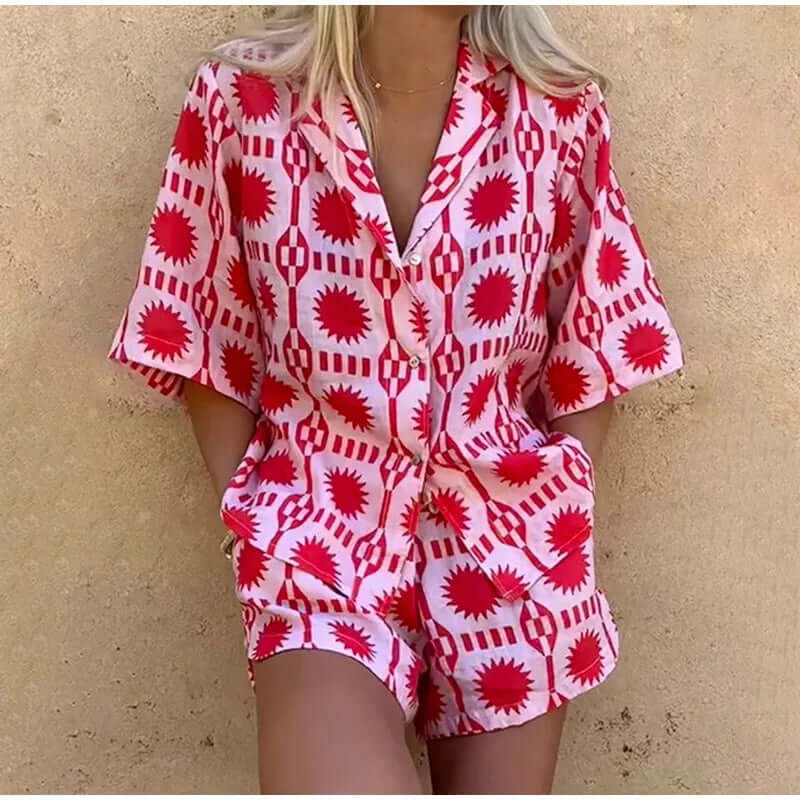 Women's Geometric Print Co-ord Set: Relaxed Fit Shirt & Shorts