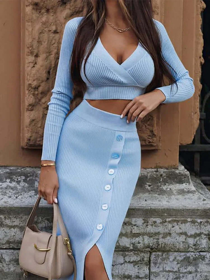 Women's Knit Two-Piece Set: V-Neck Crop Top & Midi Skirt