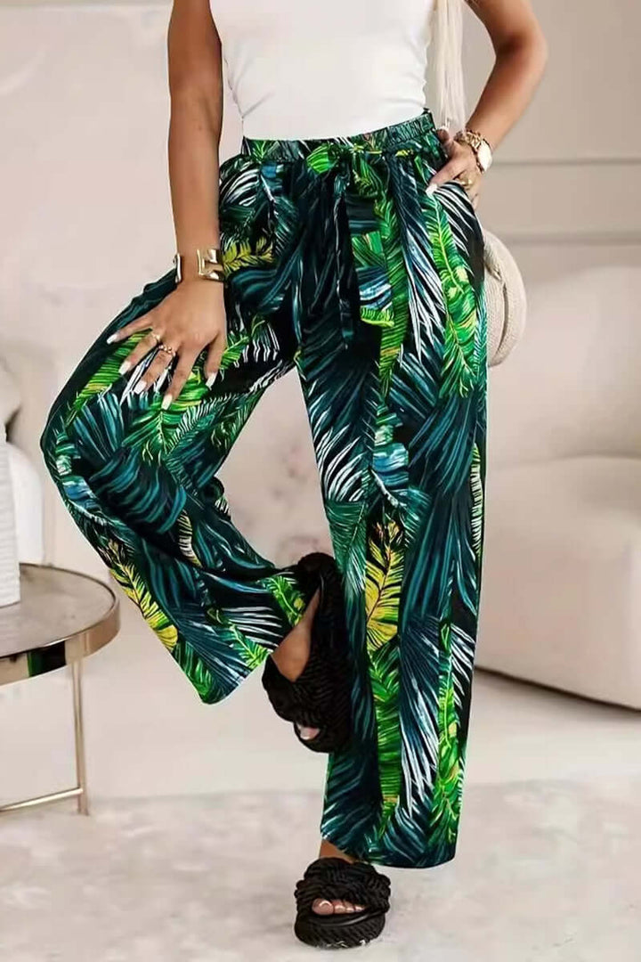 Women's Wide-Leg Tropical Print Trousers: Elastic Waist, Casual Style