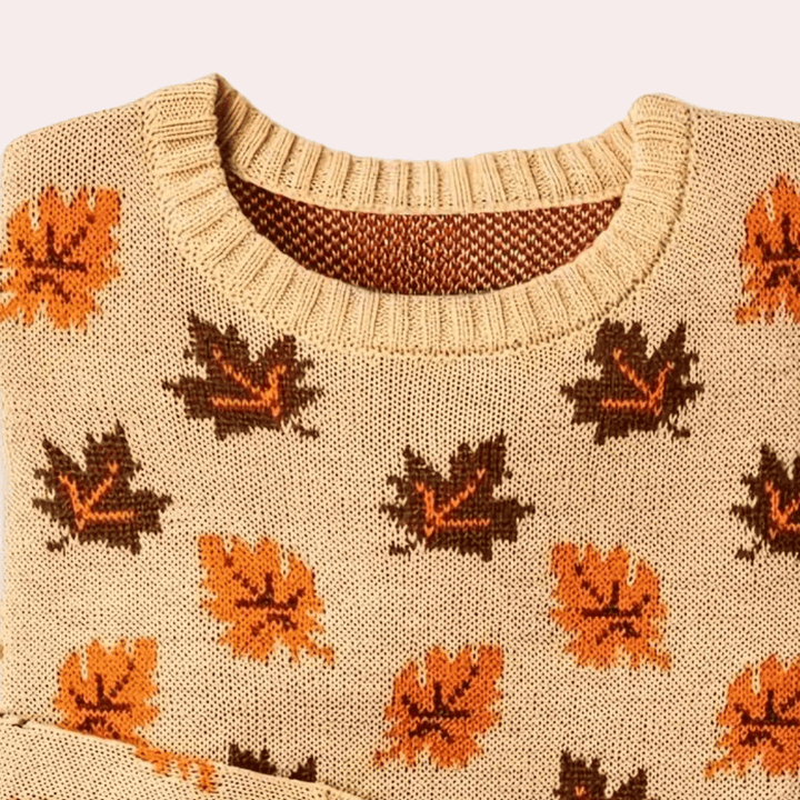 Women's Long-Sleeve Knit Sweater with Leaf Pattern