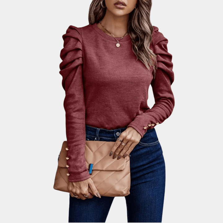 Women's Puff Sleeve Blouse: Fitted, Round Neck, Button Cuff