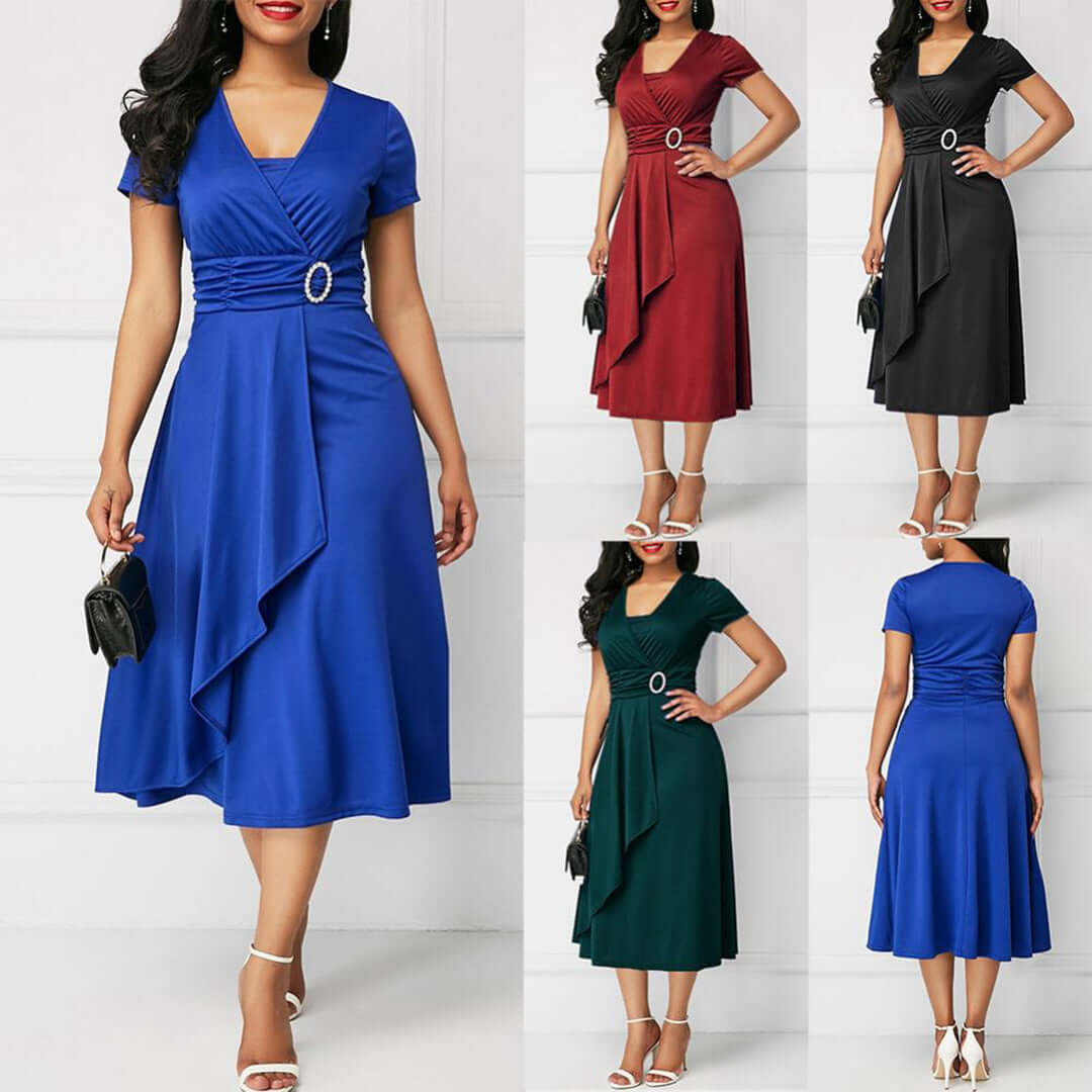 Women's Elegant Midi Wrap Dress, Short Sleeve V-Neck