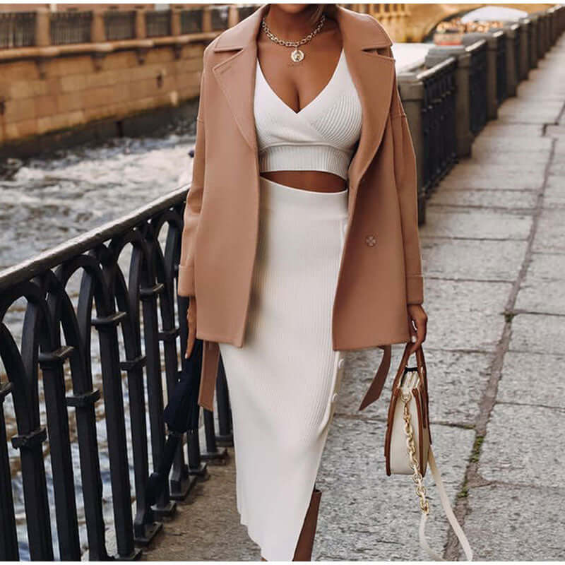 Women's Knit Two-Piece Set: V-Neck Crop Top & Midi Skirt