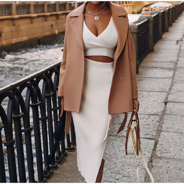 Women's Knit Two-Piece Set: V-Neck Crop Top & Midi Skirt