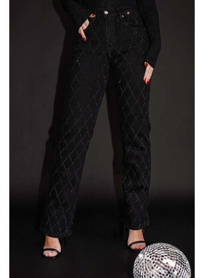 Women's Straight Leg Jeans: Diamond Pattern, Button Fly