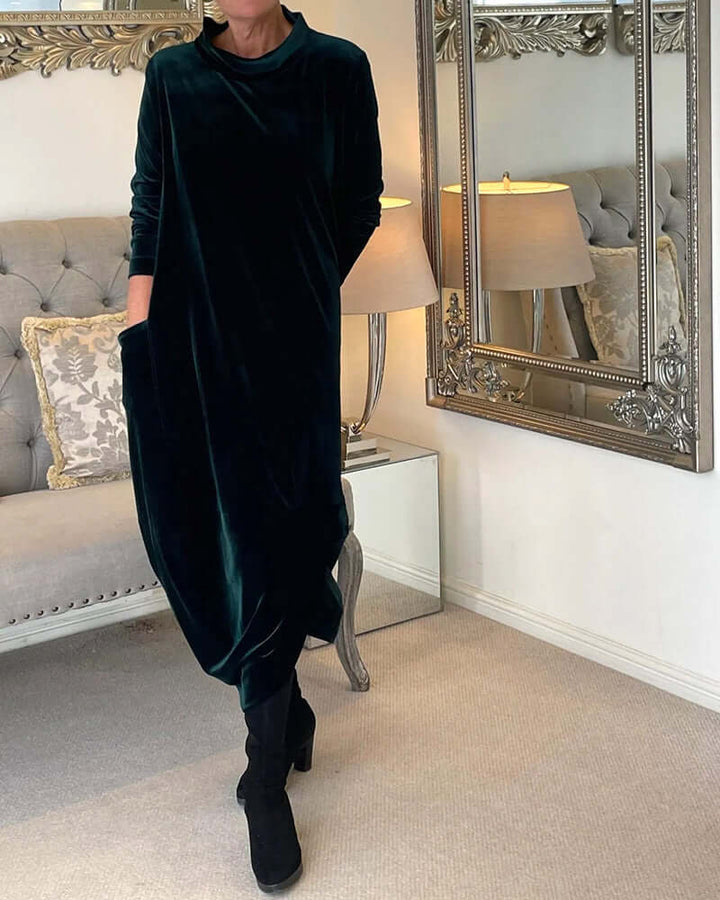 Women's Velvet Drape Dress: Long Sleeve, High Neck