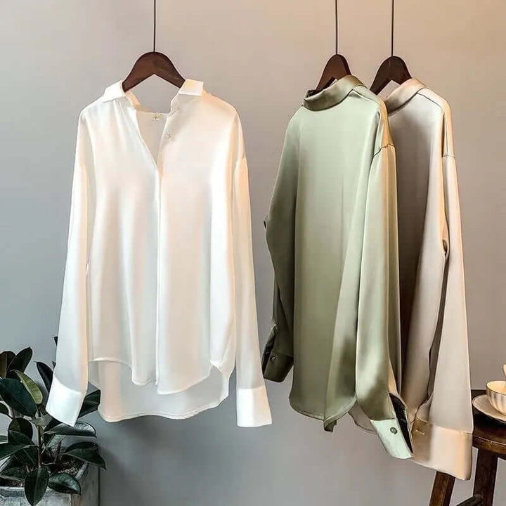 Women's Satin Long-Sleeve Blouse: Relaxed Fit, Button-Down