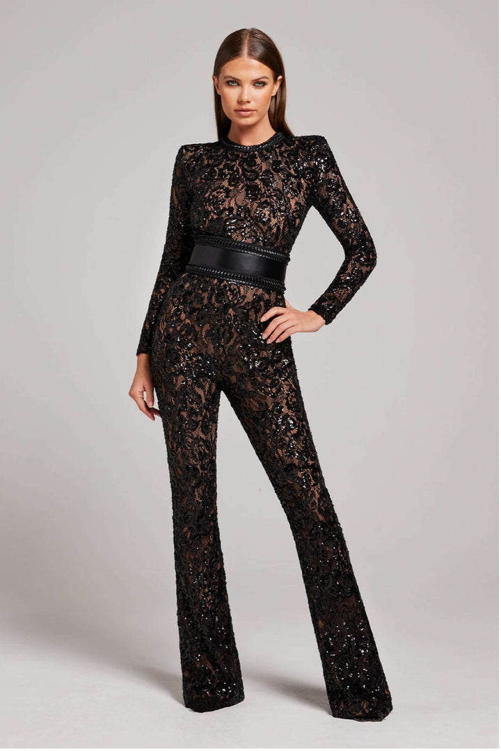 Sequin Lace Jumpsuit: Elegant Long Sleeve Fitted Jumpsuit