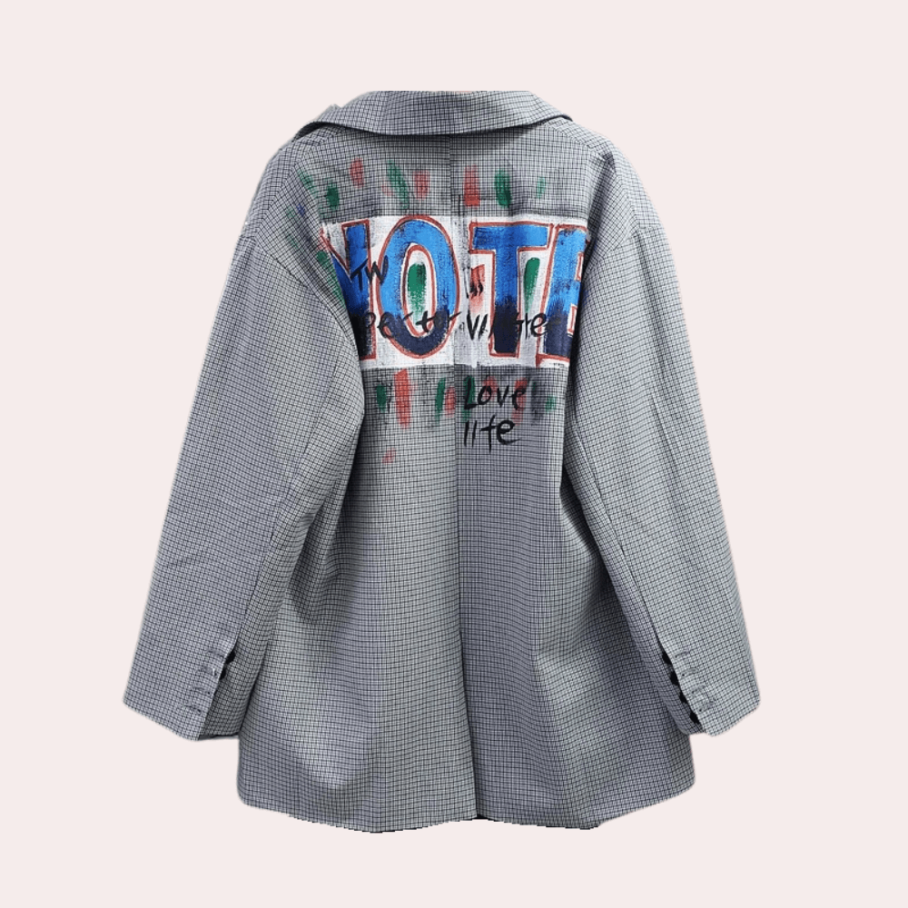 Men's Oversized Checkered Blazer with Graffiti Print