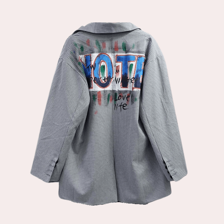 Men's Oversized Checkered Blazer with Graffiti Print