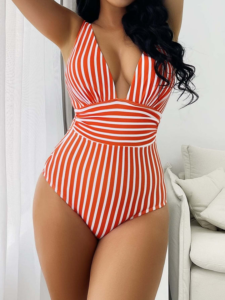 Striped Halter Neck One-Piece Swimsuit: Stretch & Support