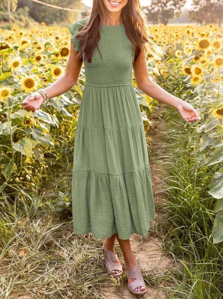 Women's A-Line Midi Dress with Flutter Sleeves