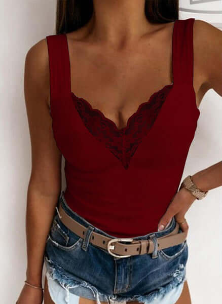 Women's Fitted Sleeveless V-Neck Lace Top