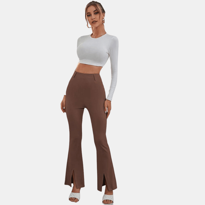 Women's High-Waisted Flare Trousers: Stretch Fabric, Front Slit