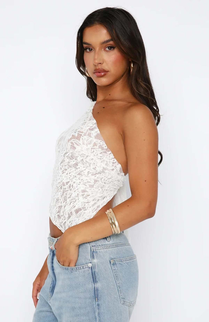 Elegant One-Shoulder Lace Top with Asymmetrical Hem