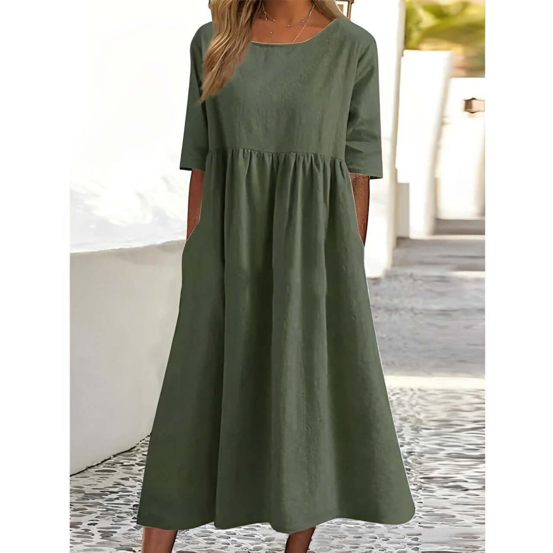 Women's Pleated Cotton Linen Midi Dress