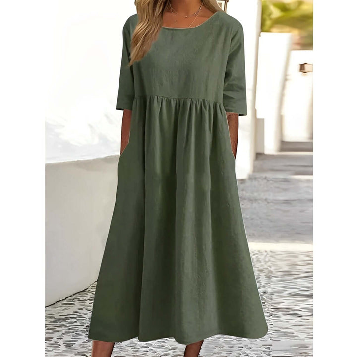 Women's Pleated Cotton Linen Midi Dress