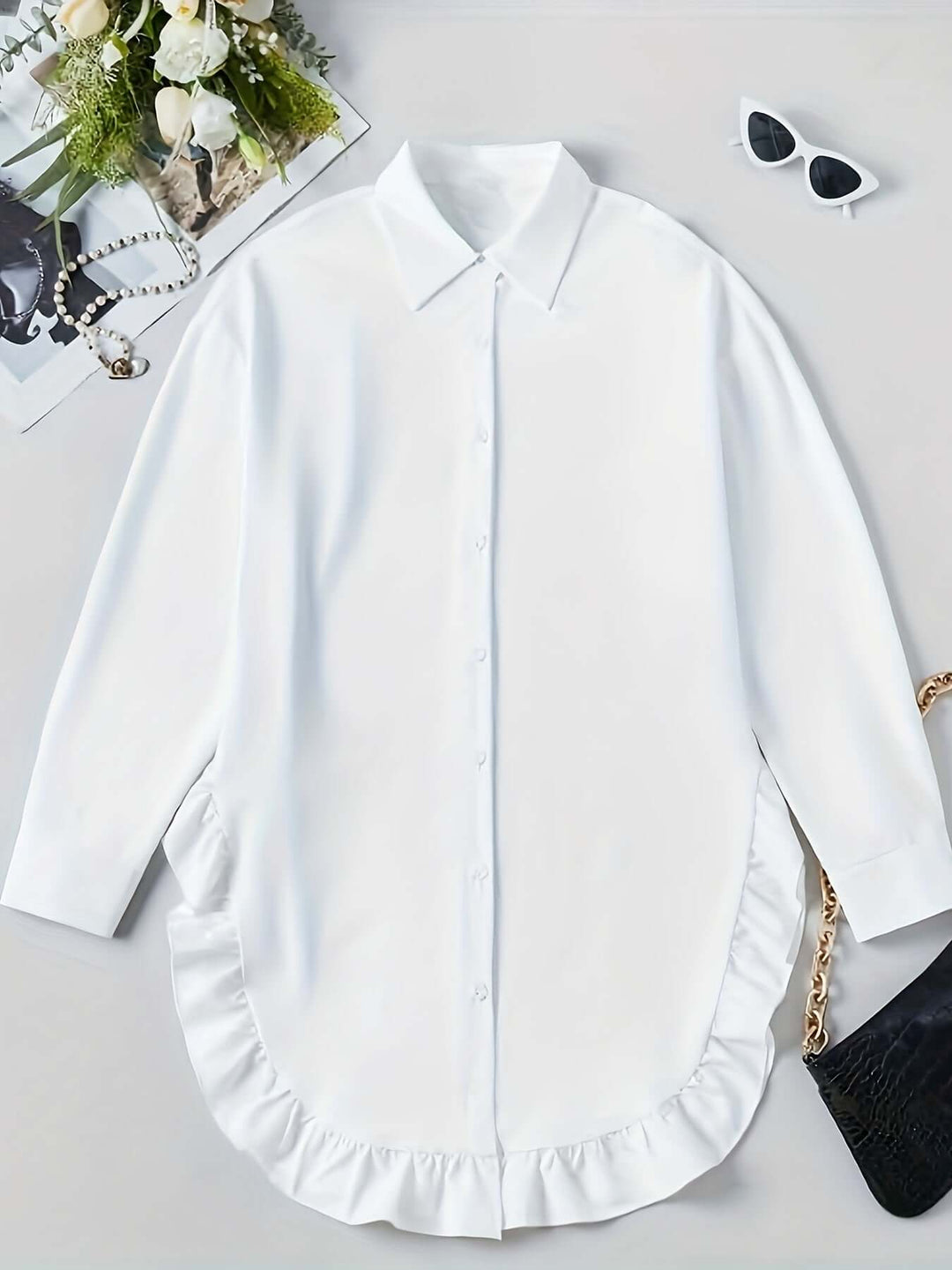 Women's Relaxed Fit Long Sleeve Shirt Dress with Ruffle Hem