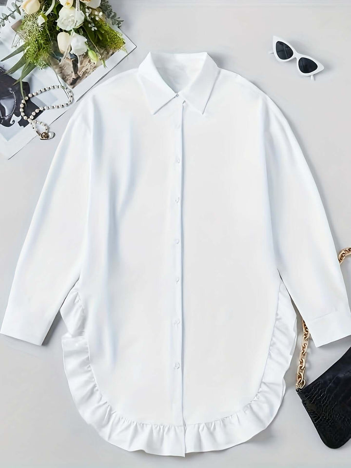 Women's Relaxed Fit Long Sleeve Shirt Dress with Ruffle Hem