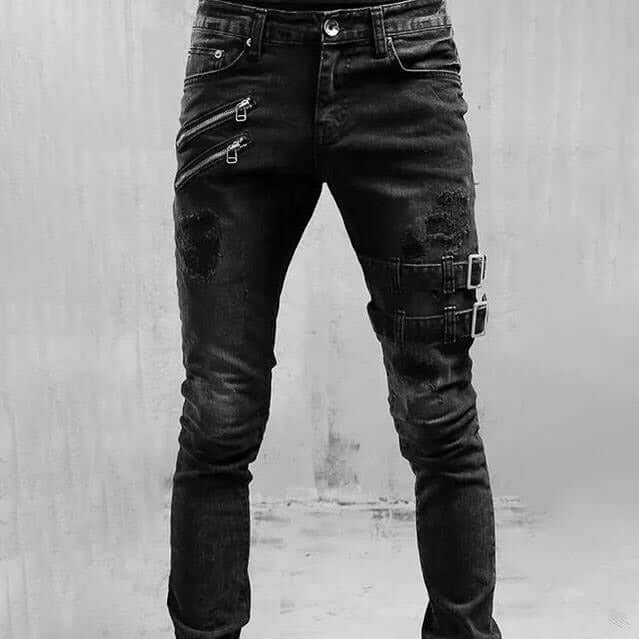 Men's Buckle Detail Skinny Ripped Jeans