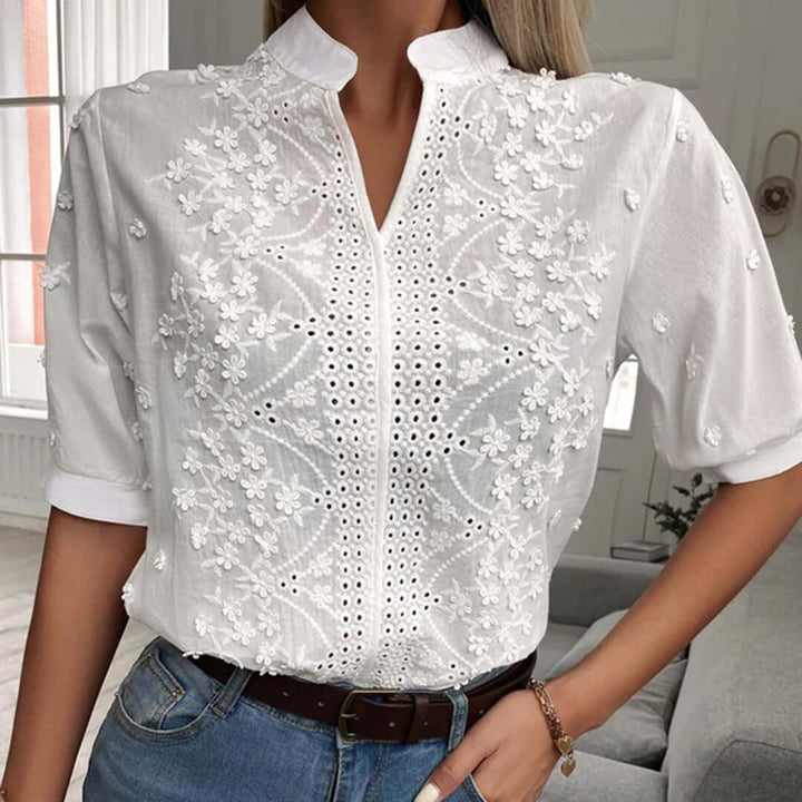 Women's Cotton Blouse: Embroidered, Mandarin Collar